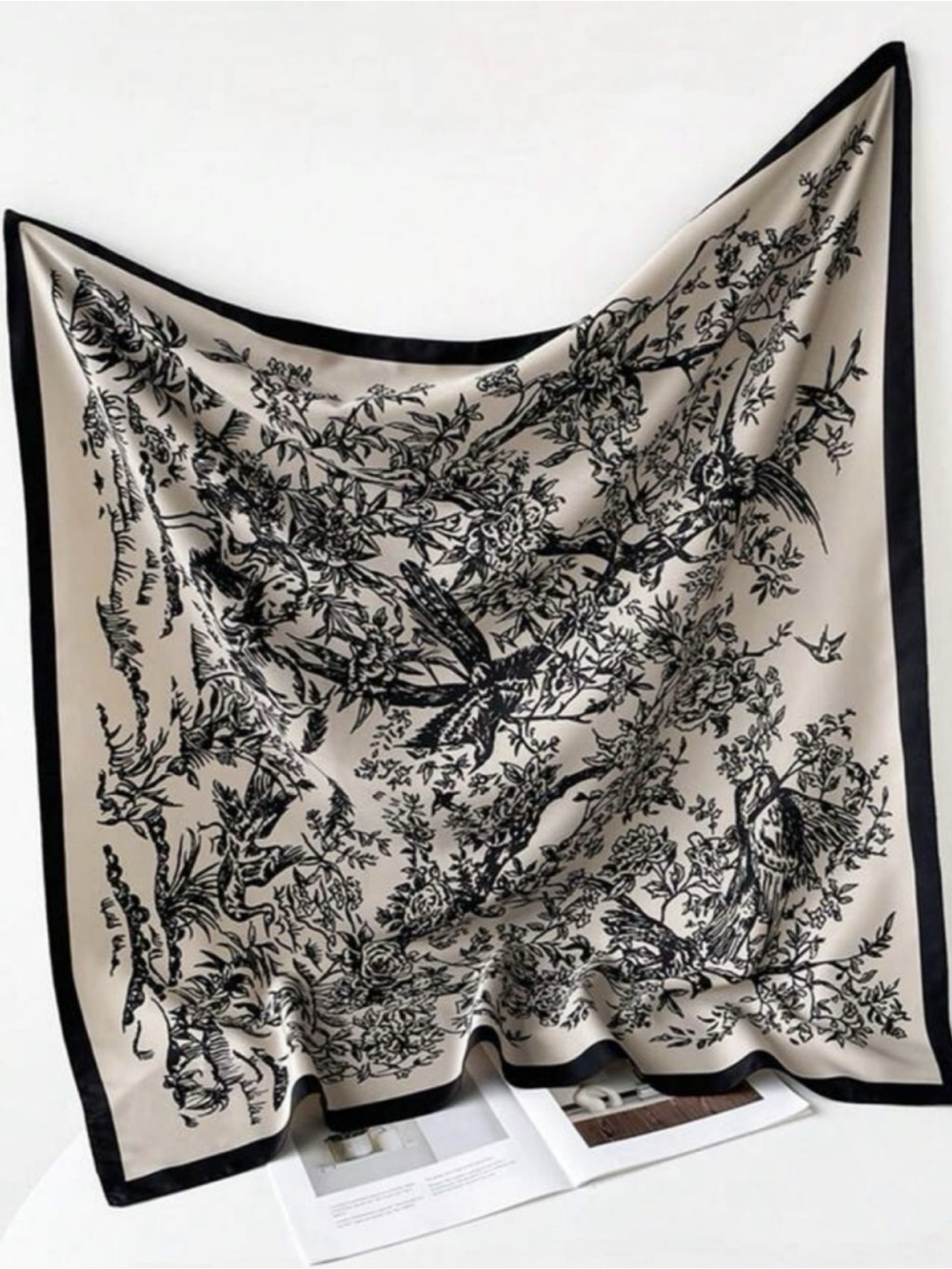 Luxe vintage inspired black + cream floral bird print wild rag neck scarf, new!